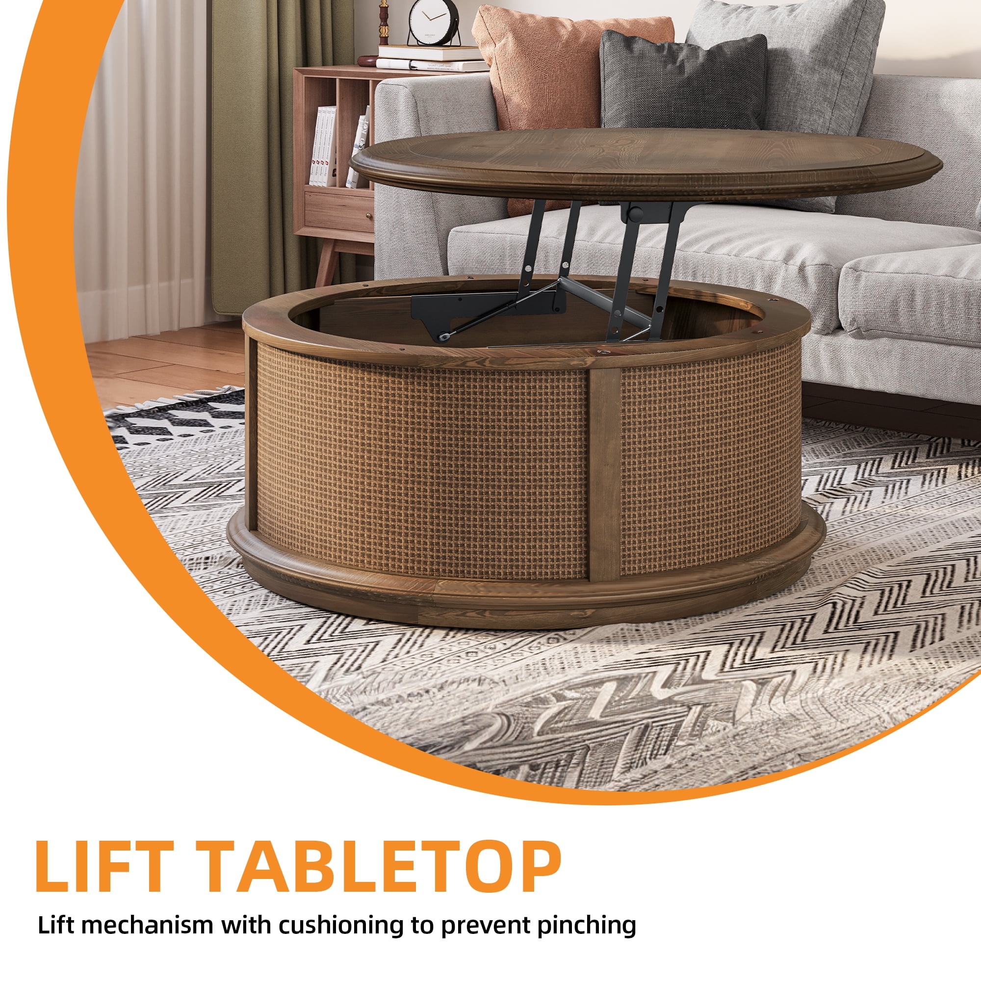 Uforic Round Lift-Top Coffee Table with Rattan Accents, Storage Table for Living Room, Gray Wood