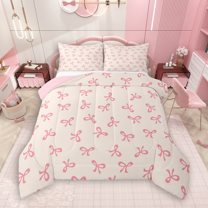 Manfei Cartoon Bowtie Bedding Comforter Set 2pcs for Girls, Cute Kawaii Bow Knot Twin Comforter Sets, Princess Ribbon Bedding Set, Beige Pink Microfiber Bedroom Decor