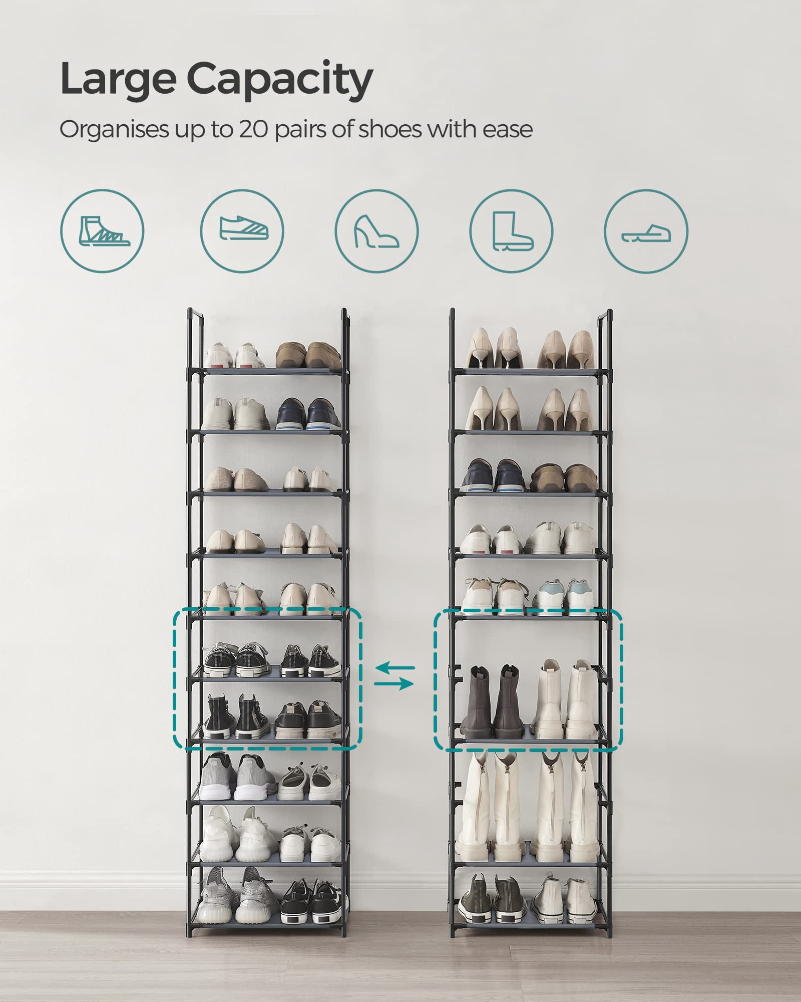 Songmics Shoe Rack  10-tier Shelf Storage Organizer 11 X 17.7 68 Inches Metal Frame Non-woven Fabric Shelves For Entryway Bedroom Gray Ulsh010g01