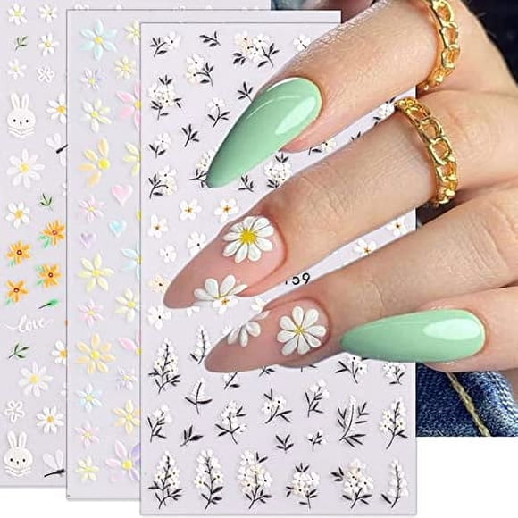 5D Daisy Embossed Nail Stickers Decal Summer Flower Nail Art Sticker Blooming Pastel Flower Self-Adhesive Nail Design Nail Decoration Supplies for Women Girls for Acrylic Nails 3Sheets