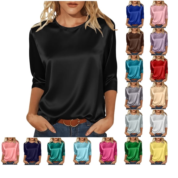 GUACER Womens Satin 3/4 Sleeve Tops Crew Neck Silky Smooth Blouses Casual Relaxed Fit Pullover Shirts