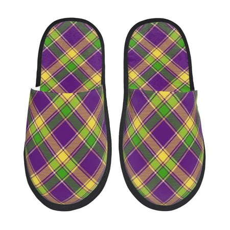 Balery Mardi Gras Plaid Slient Indoor Furry Fleece Comfort House Shoes Soft Non-Slip Home Shoes Cotton slippers House Slippers-- Large
