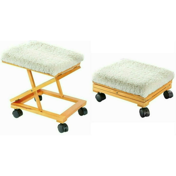 Ottoman Footrest Stool Foot Rest Elevated Rolling with Wheels - Fleece  Covered - Adjustable and Folding