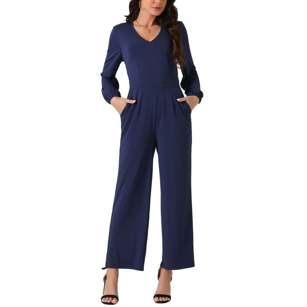 INSPIRAR CHIC Mono Casual de Mujer con Cuello en V, Manga Larga, Cintura Alta, Pierna Ancha y Bolsillos S Azul Oscuro