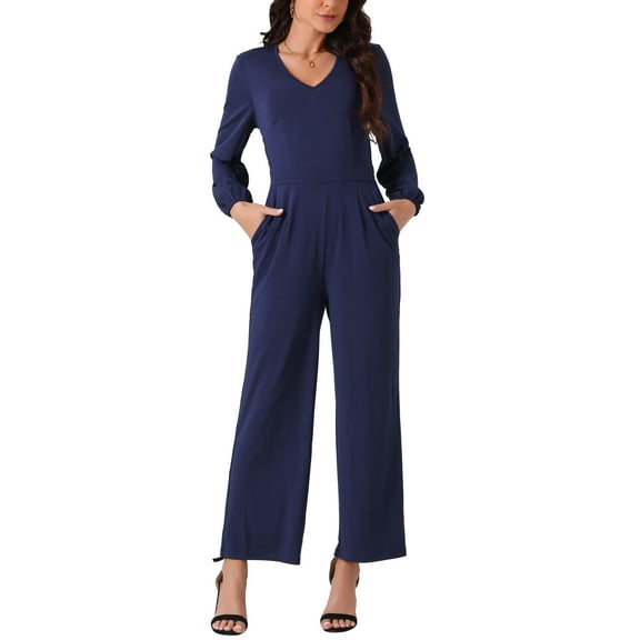 INSPIRE CHIC Women's V Neck Long Sleeve High Waist Wide Leg Casual Jumpsuits with Pockets S Dark Blue