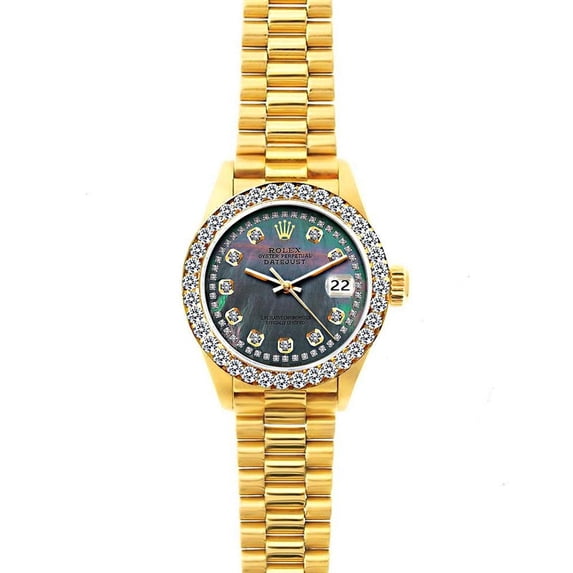 Pre-Owned Rolex Datejust 26MM 69178 Black Mother of Pearl Diamond Dial Diamond Bezel 18K Yellow Gold President Bracelet 1.2ct
