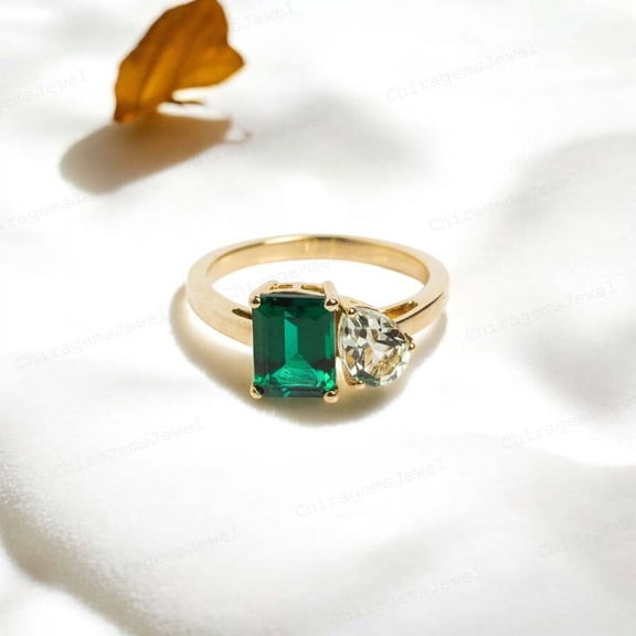 CHIRAGEMSJEWEL Green Emerald And Green Amethyst Toi Et Moi Ring , 8X6MM / 2 ct May Birthstone Art Deco Jewelry Valentine's Day Gift for Wife