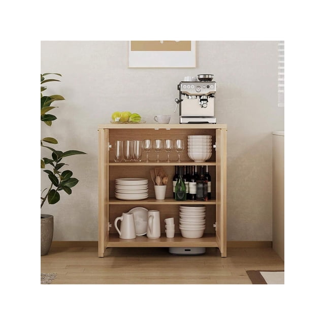 Bingirl Freestanding Rattan Storage Cabinet With Doors & Adjustable Shelves, Accent Floor Storage Cabinet, Modern Sideboard Buffet Cabinet For Living Room, Dining Room, Kitchen, Natural Color