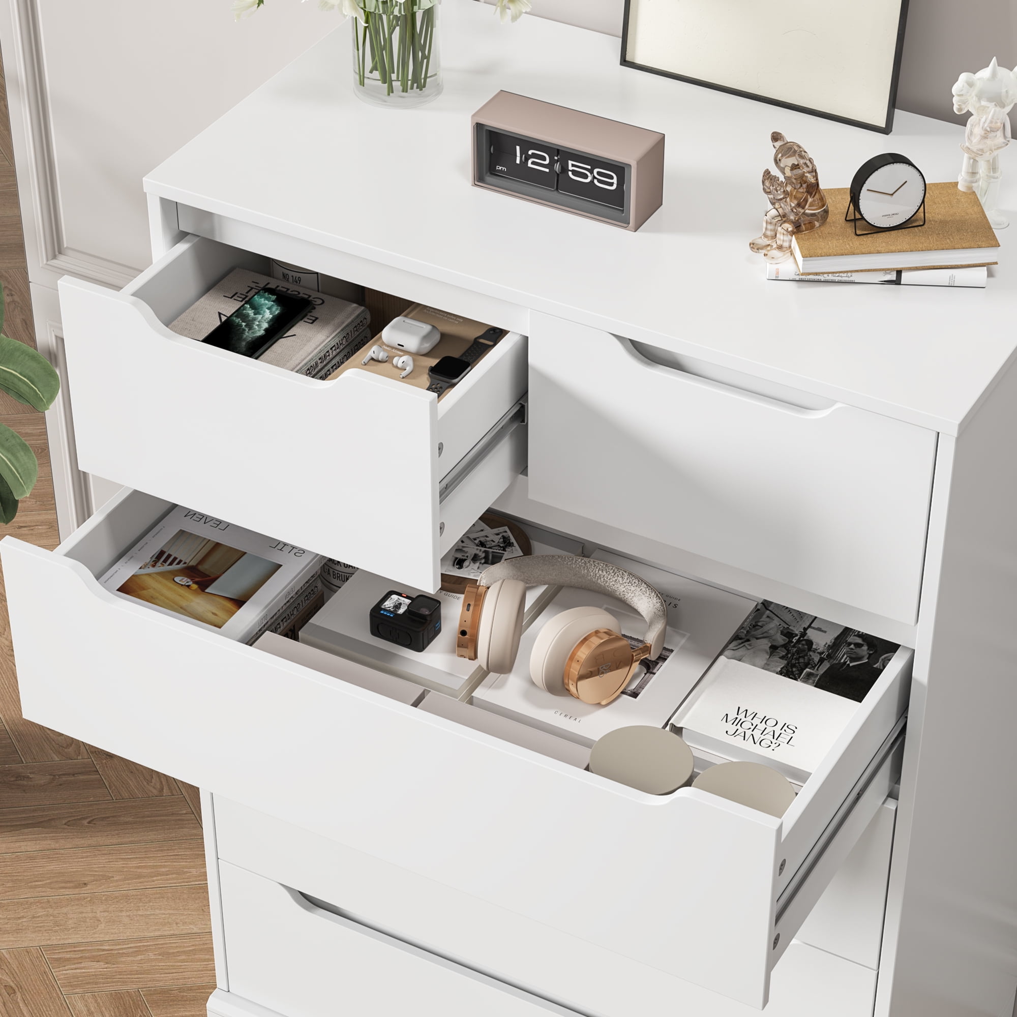 Homfa 6 Drawer White Dresser, 43.3" H Wood Storage Cabinet with Upgraded Stable Base Vertical Chest for Bedroom Living Room