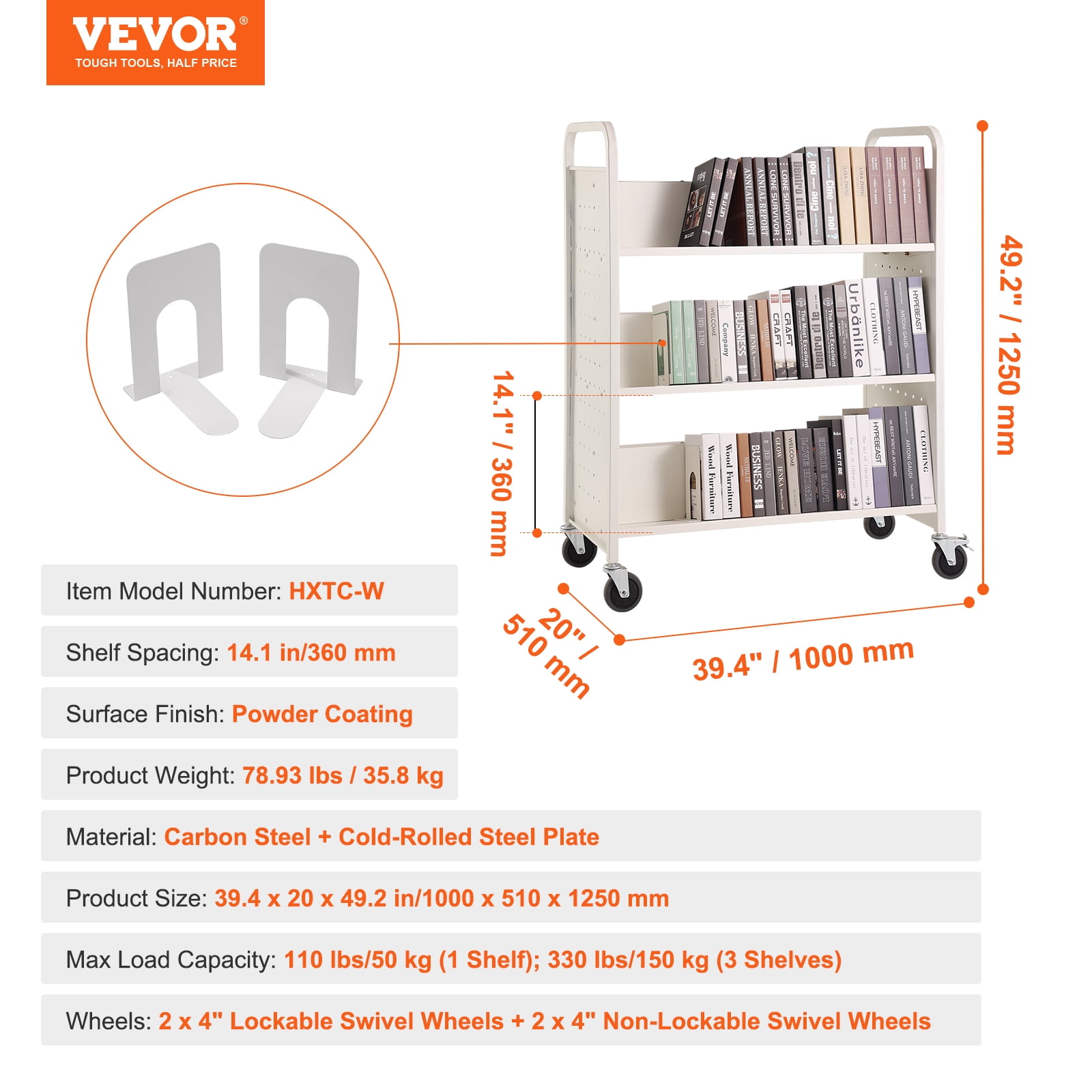 SKYSHALO Book Cart Library Cart 330 lbs Capacity with W-Shaped Shelves in White