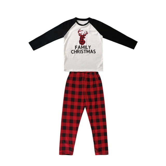 Opperiaya Pyjamas de Noël pour la Famille, Hauts Raglan avec Cerf + Pantalons à Carreaux