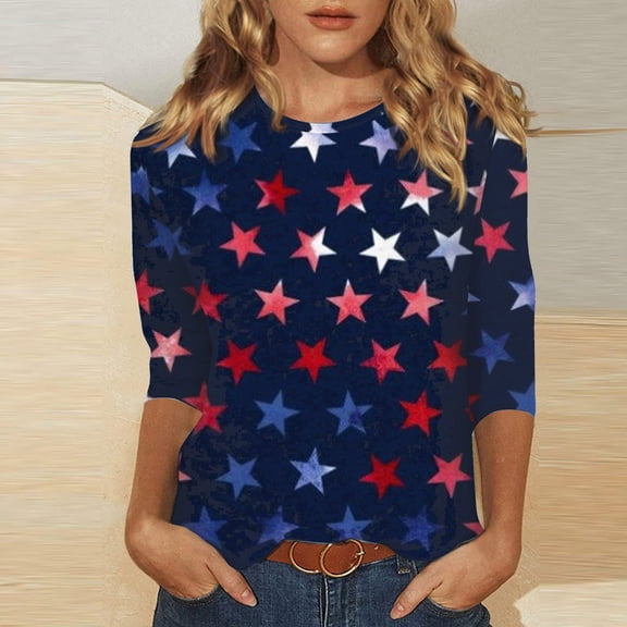 Women's Long Sleeve T-shirt Women 3/4 Sleeve Spring And Patriotic Top Women Neck Festival Blouses Clothes,Blue Women's Long sleeve T-shirt S