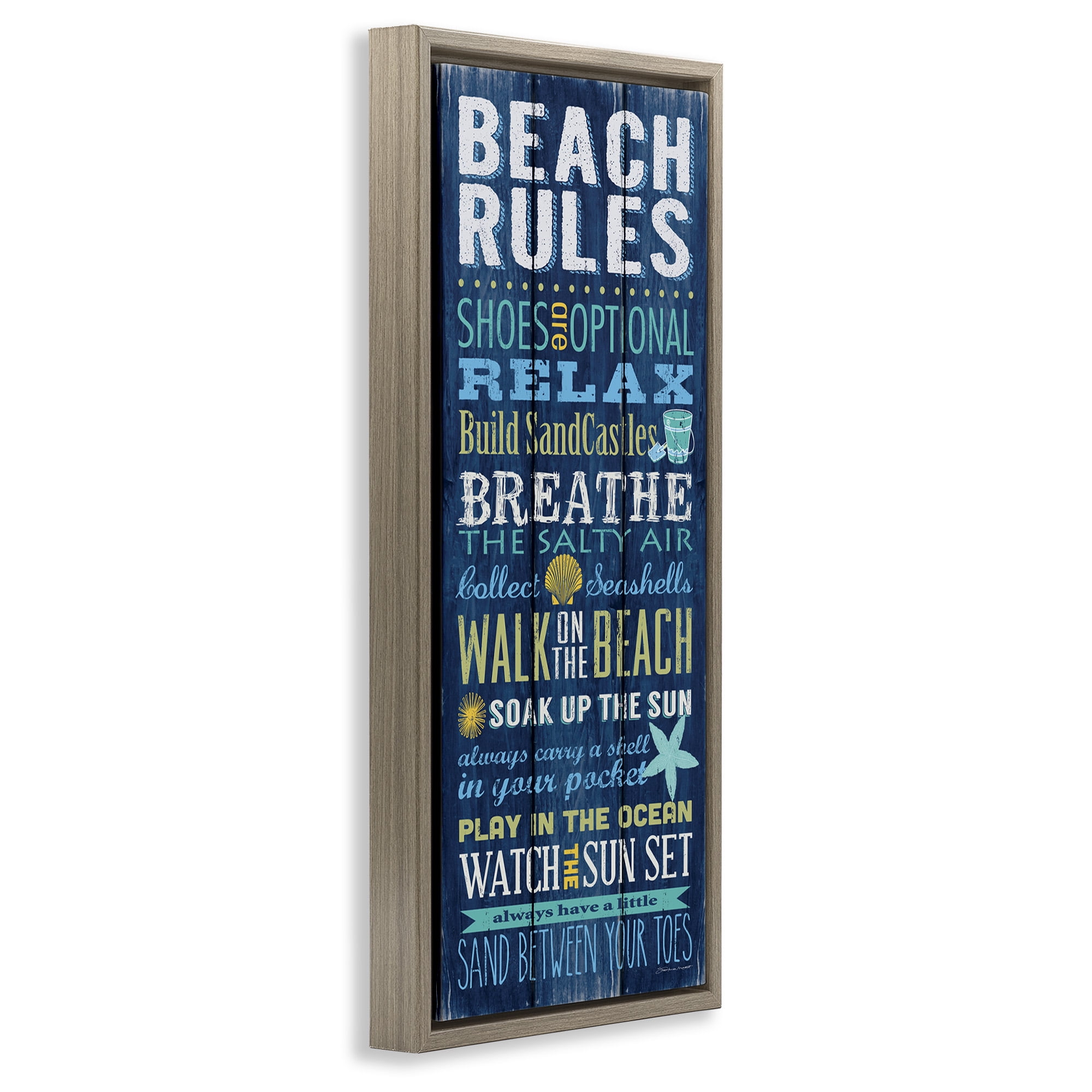 Stupell Industries Blue Planked Beach Rules Sign Nature Painting Brown Floater Framed Canvas Art Print Wall Art, 15 x 31