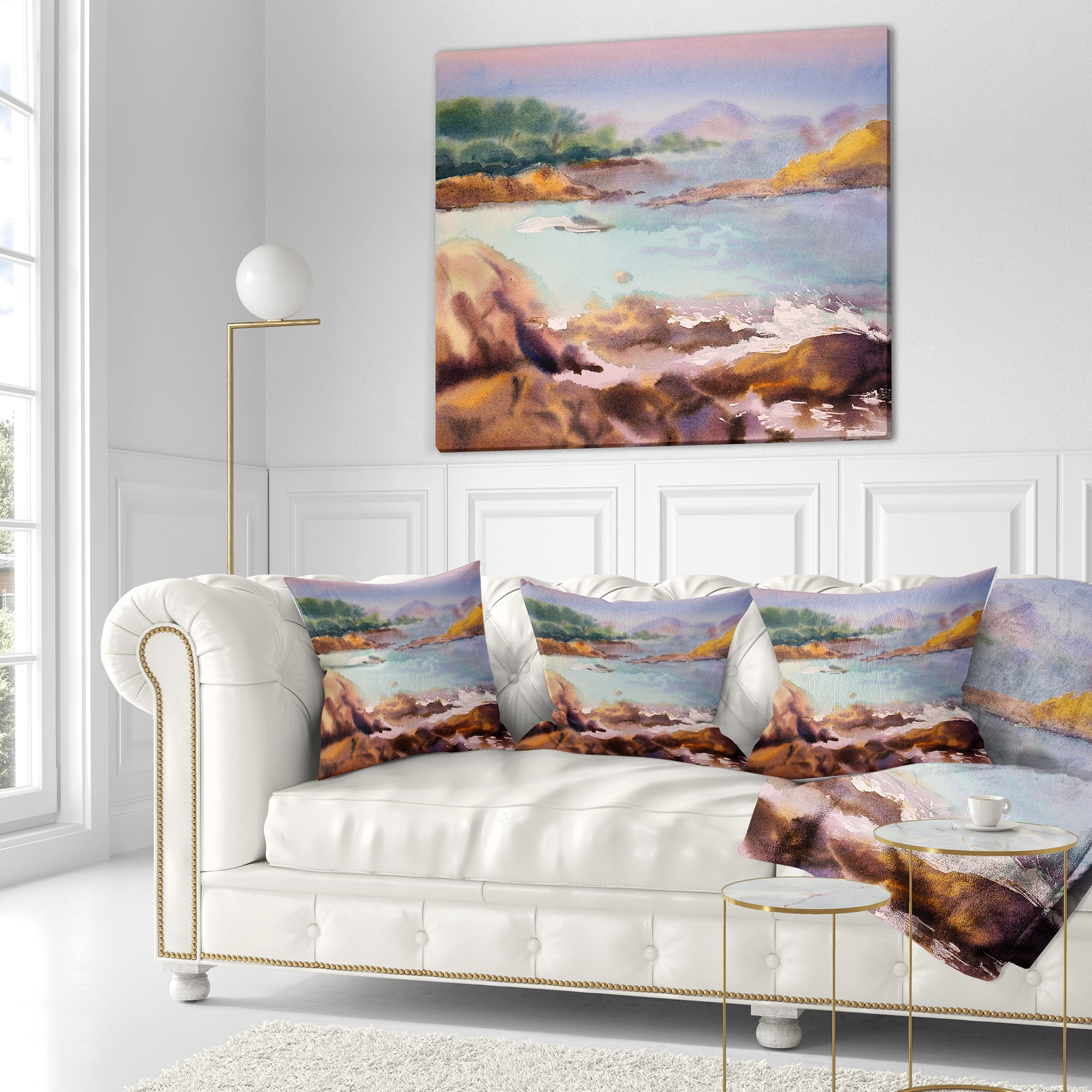 Designart Tranquil Watercolor Waters - Seascape Throw Pillow - 16x16
