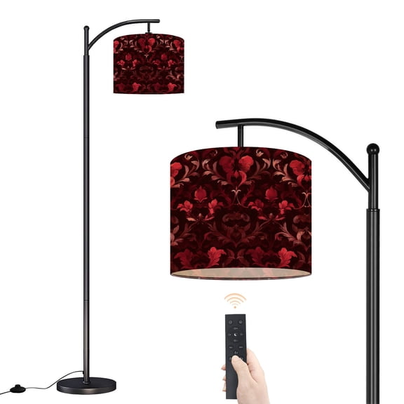 Arc Floor Lamp with Adjustable Lampshade Elegant Red Floral Damask Rich Burgundy Tones Standing Lamp 3 Color Temperatures Dimmable Tall Pole Lamp with Foot Switch for Bedroom