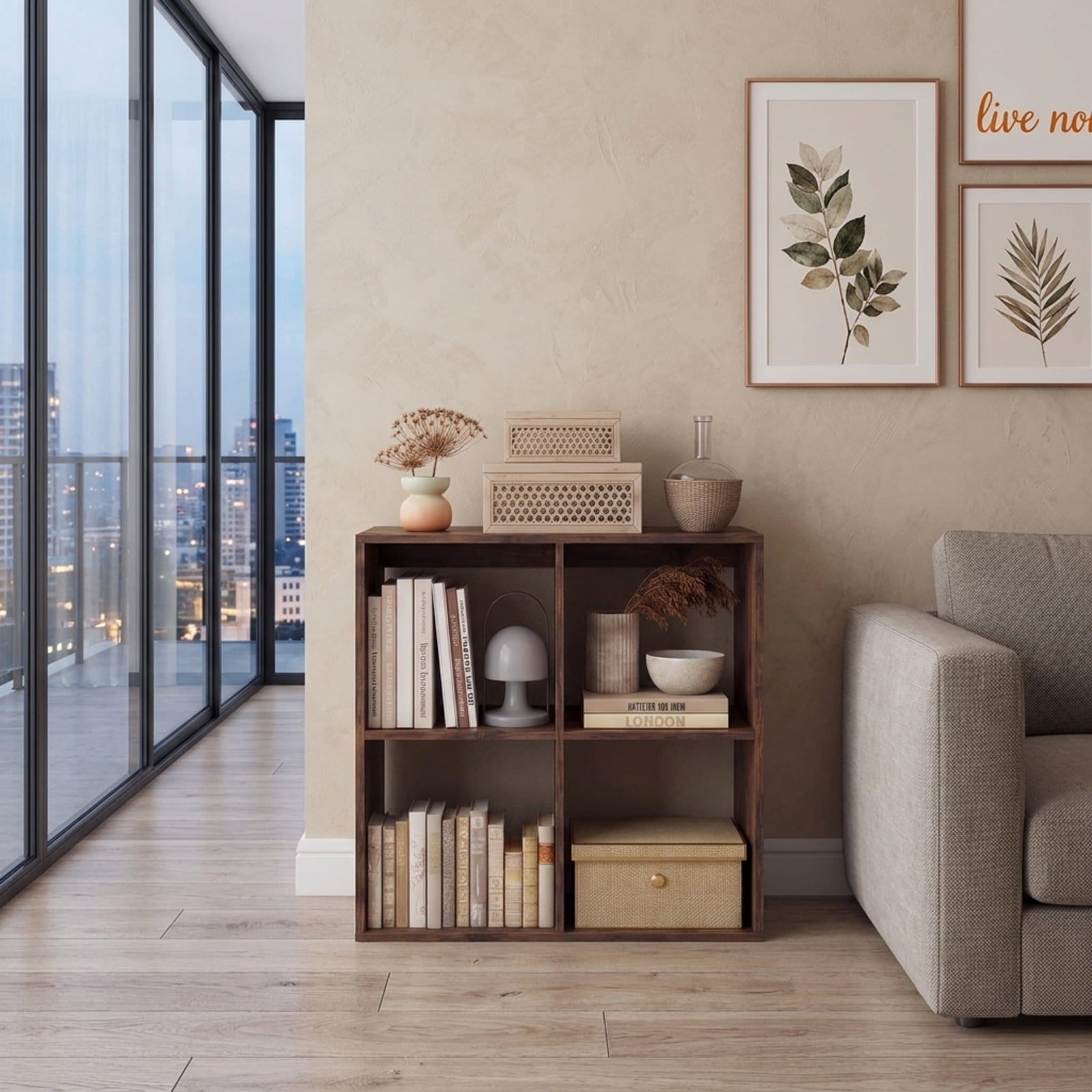 Furnibear 4-Cube Bookshelf with Back Guardrail Reinforced Crossbar and Anti-Tipping Kits for Living Room and Bedroom Books and Boxes, Coffee, Brown