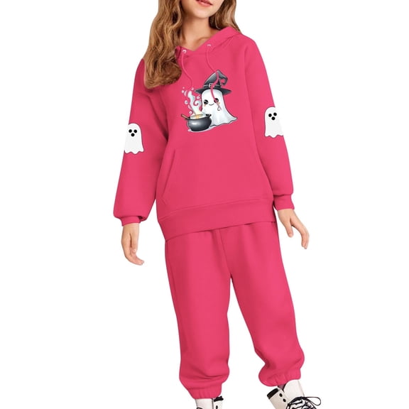 SERTG Children's Halloween Two-Piece Set Hooded Sweatshirt with Cute Printed  Casual Long Pants Long Sleeved Set Tops and Pants for Kids 2-13 Years(Hot Pink,12 Years)
