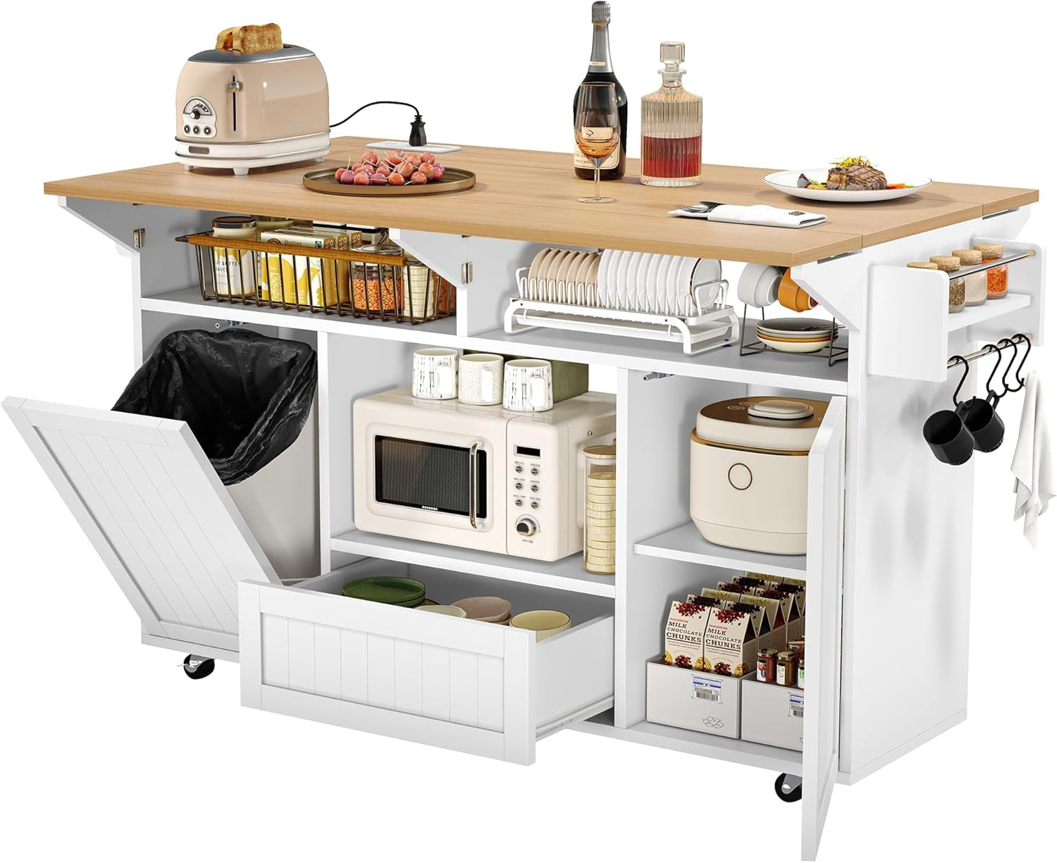 55" Movable Kitchen Island with Drop Leaf and Power Outlet, Rolling Kitchen Cart with Trash Storage Cabinet,White