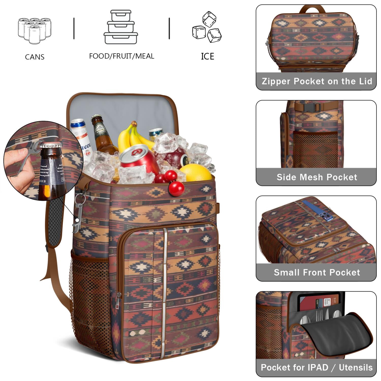 Travel Cooler Bag - Boho Bohemia Pioneer Flower Geometric Line Art Camping Beer Cooler Backpack with Bottle Opener- Waterproof Insulated Picnic Backpacks - Cooler Bag for Beach
