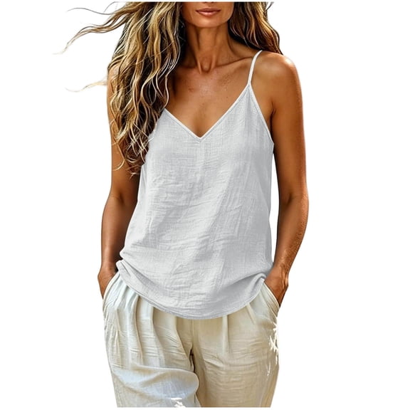 GUACER Cami Tops for Women V-Neck Spaghetti Strap Cotton Linen Flowy Tank Tops Casual Loose Fit Summer Blouse