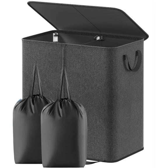 Double Laundry Hamper with Lid and Removable Laundry Bags, Large Collapsible 2 Dividers Dirty Clothes Basket with Handles for Bedroom Laundry Room Closet Bathroom College