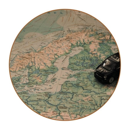 

OWNTA Retro Car Travel Map Adventure Pattern Premium Microfiber Leather Round Coasters (6PCS) - 11x11 cm/4.3x4.3 in - Durable & Stylish Cup Mat Set
