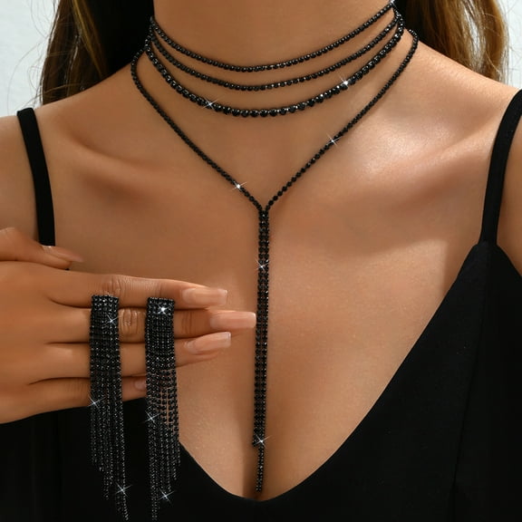 SmartBy 2 Pcs/Set Women Necklace Earrings Set for Formal Banquet And Prom Multi-layered Tassel Rhinestone Adjustable Chain Wedding Bride Star Celebrity Jewelry Set