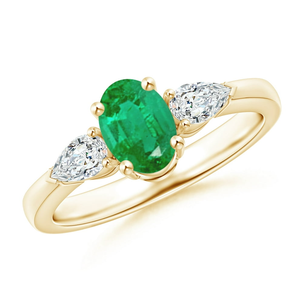 Angara - May Birthstone Ring - Oval Emerald Three Stone Ring with Pear ...