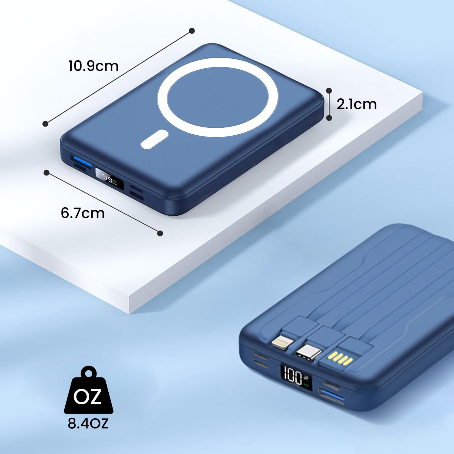 GASYESOY Portable Charger,10000mAh 20W Power Bank,Built-in Cables Fast Charging,with LED Display for iPhone 16/15/14/13/12 and Android,Blue