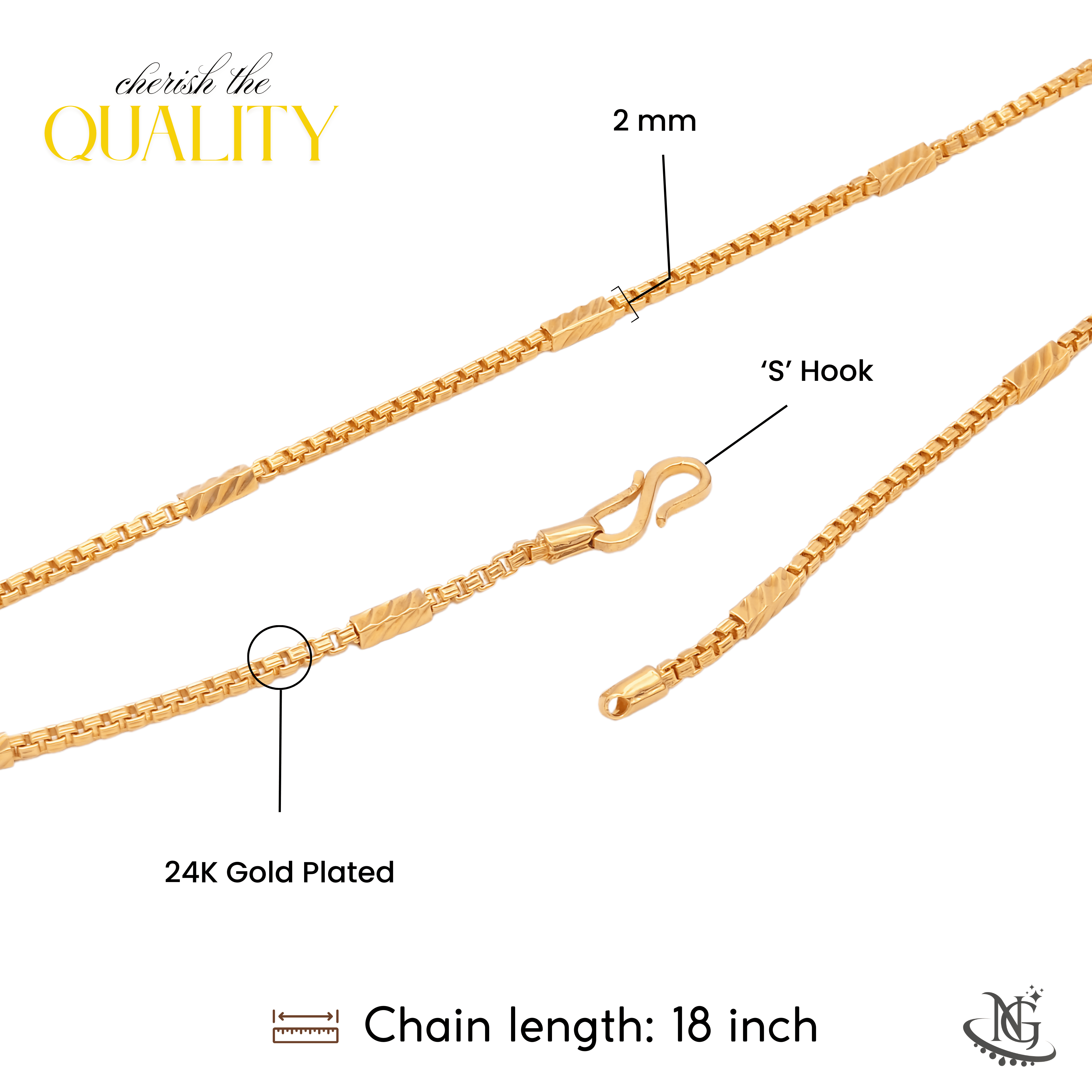 NISHU GOLD 24K Gold-Plated Chain Necklace, 18 Inch, Anti-Tarnish, Waterproof, Hypoallergenic