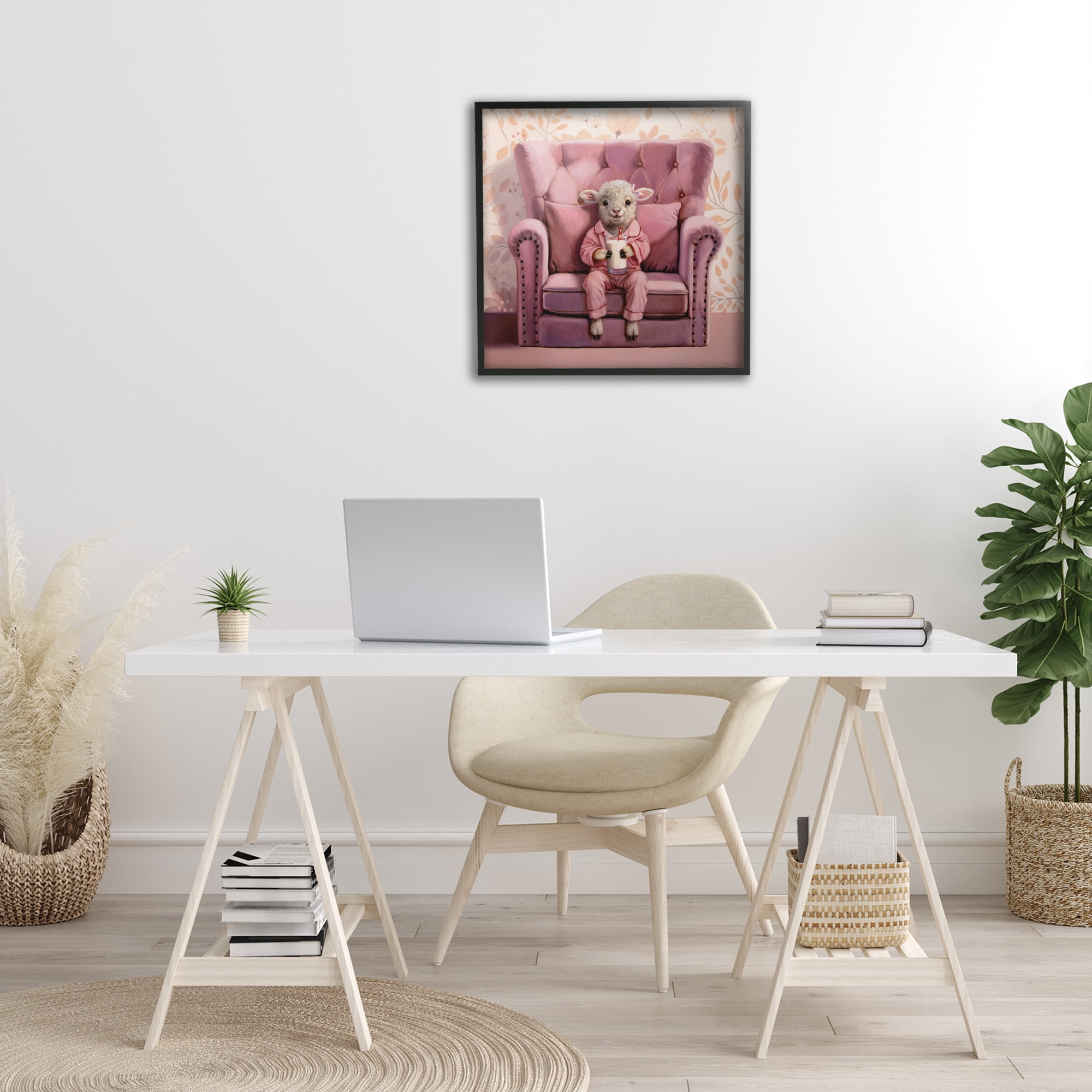 Stupell Industries Baby Cow in Pink Chair Animals & Insects Painting Black Framed Art Print Wall Art, 24 x 24