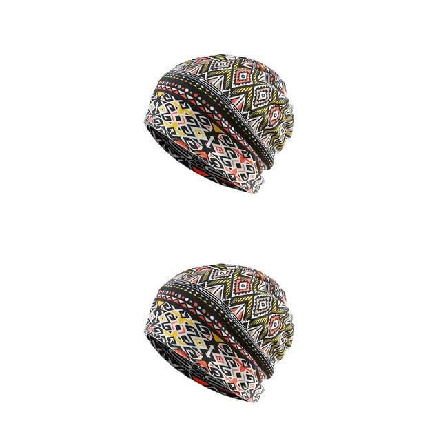 Beanie Hat Bohemian Style Hijab Floral Print Turban Ear Protection Bonnet Yellow rhombus 2Set