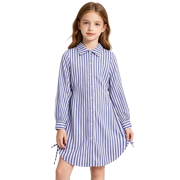 WAYUTE Girls Vertical Stripe Shirt Dress Collar Long Sleeve Button Front Side Drawstring Soft Cozy Tunic Dress for Kids School Casual Holiday,Blue,Size 11-12 Y