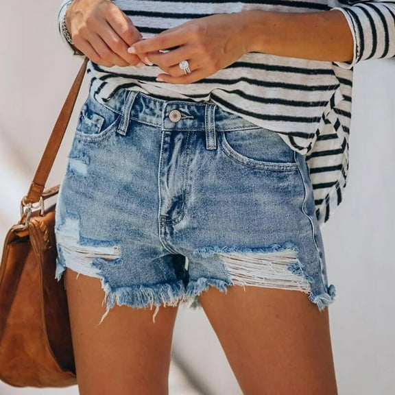 Cut Off Denim Shorts for Women Frayed Distressed Jean Short Cute Mid Rise Ripped Hot Shorts Comfy Stretchy