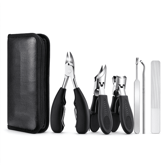 DUAIU 6Cs Professional Nail Clipper Set, Stainless Steel Manicure Pedicure Kit with Travel Case, Grooming Tools for Men Women (Black)