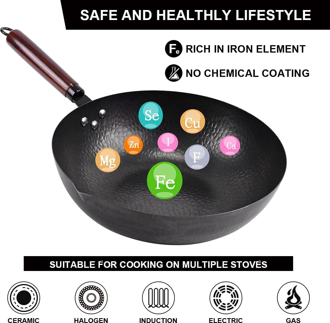 12.8" Carbon Steel Wok with 10 Cookware Accessories and Lid, Flat Bottom for Stovetops