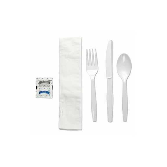 Boardwalk Six-Piece Cutlery Kit, Condiment/Fork/Knife/Napkin/Teaspoon, White, 250/Carton -BWKFKTNSMWPSWH