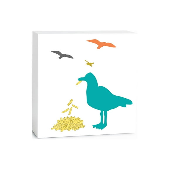 Colorful Birds Teal Seagull Eating Fries 5 x 5 Wood Tabletop Sign Plaque