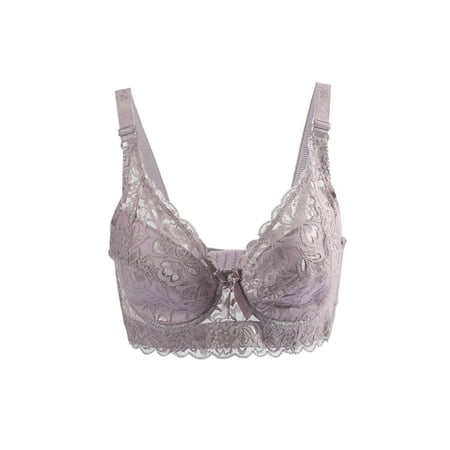 Cotton Smooth Cup Bra - Women Floral Lace Cotton Cup Front Adjustable Straps Plus Size Bra Plum 40/90
