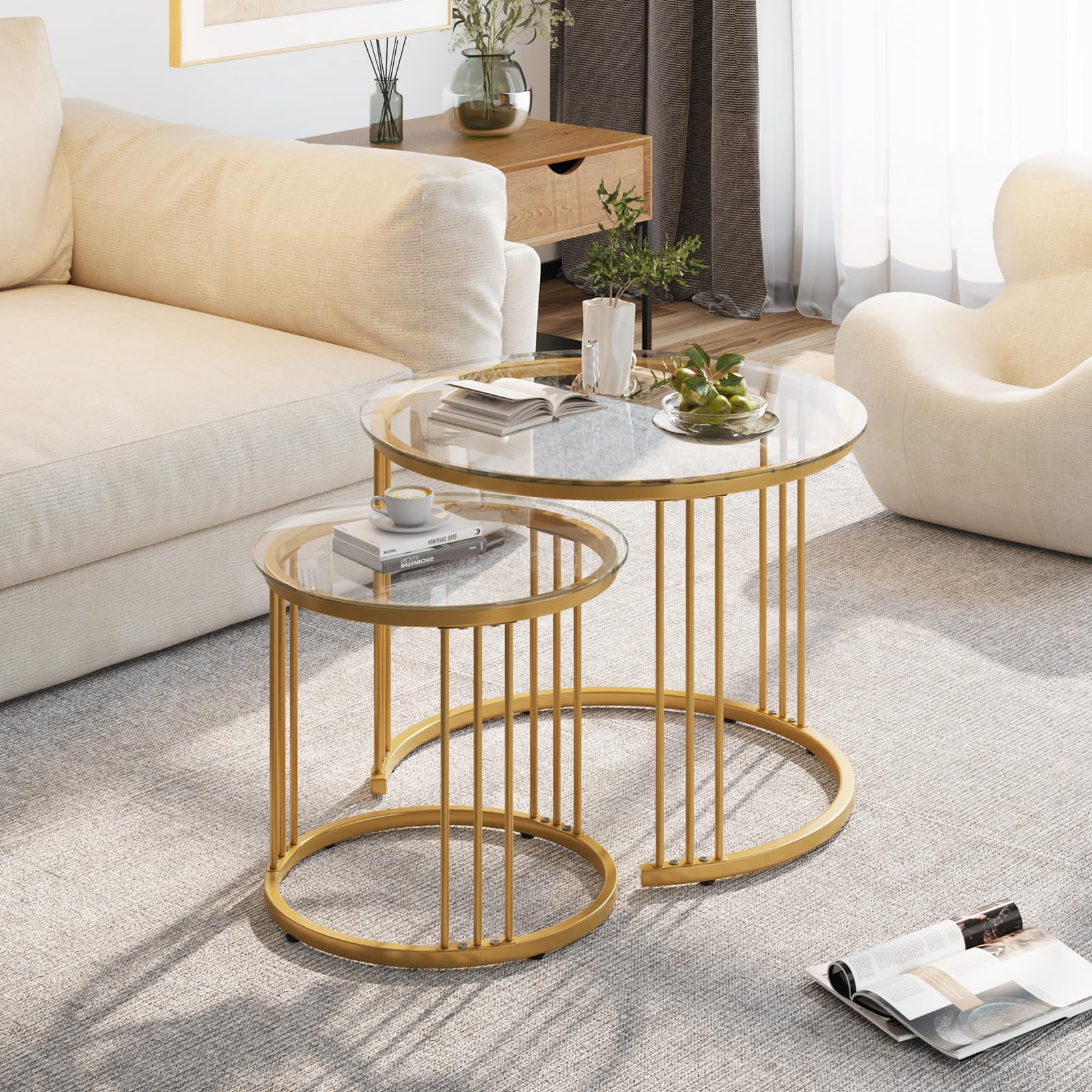 Nesting Coffee Table, 23.6" Round Coffee Table Set of 2, Glass Nesting Table with Metal Frame, Ceter Tables for Living Room Bedroom Balcony, Gold