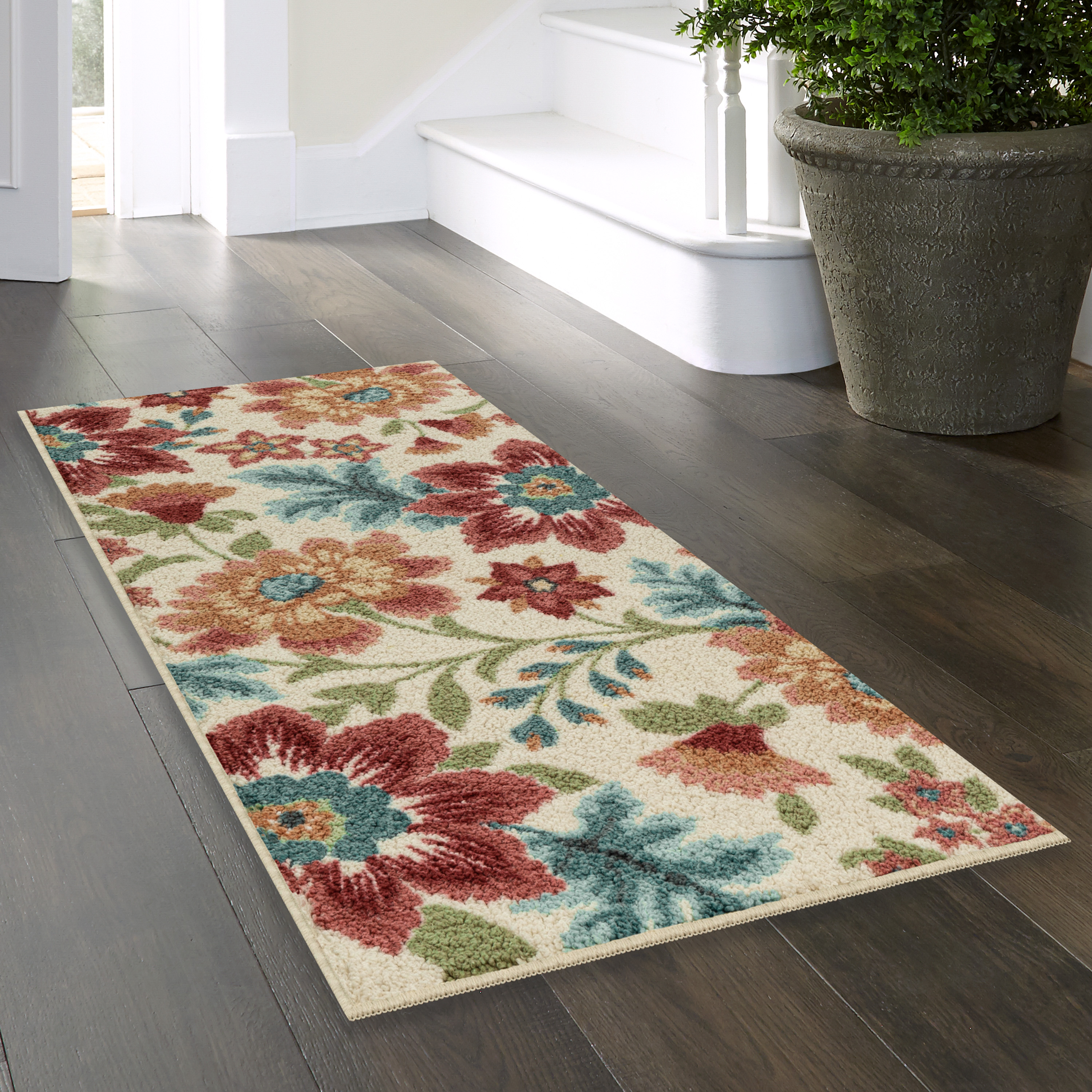 (2 pack) Mainstays Farmhouse Oversized Cream Floral Indoor Hallway Runner Rug, 1'10" x 5'