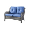 thumbnail image 4 of PARKWELL 7Pcs Outdoor Wicker Rattan Conversation Patio Furniture Set, including Two-seater Sofa, Rocking Chairs, Coffee Table, Ottomans and Side Table with Cushion, Blue, 4 of 9