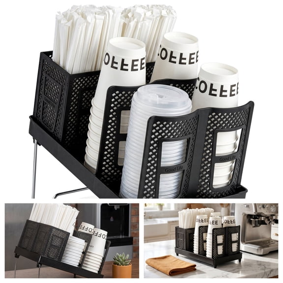 Cup and Lid Holder with Straw Organizer - 8 to 20 oz Paper Cup Dispenser, Adjustable 2-in-1 Countertop Storage for Coffee Station, Home, and Office