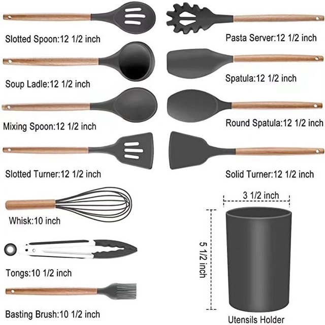 Juego de 12 utensilios de cocina de silicona con soporte y mango de madera, resistentes al calor, libres de BPA y no tóxicos (gris oscuro)