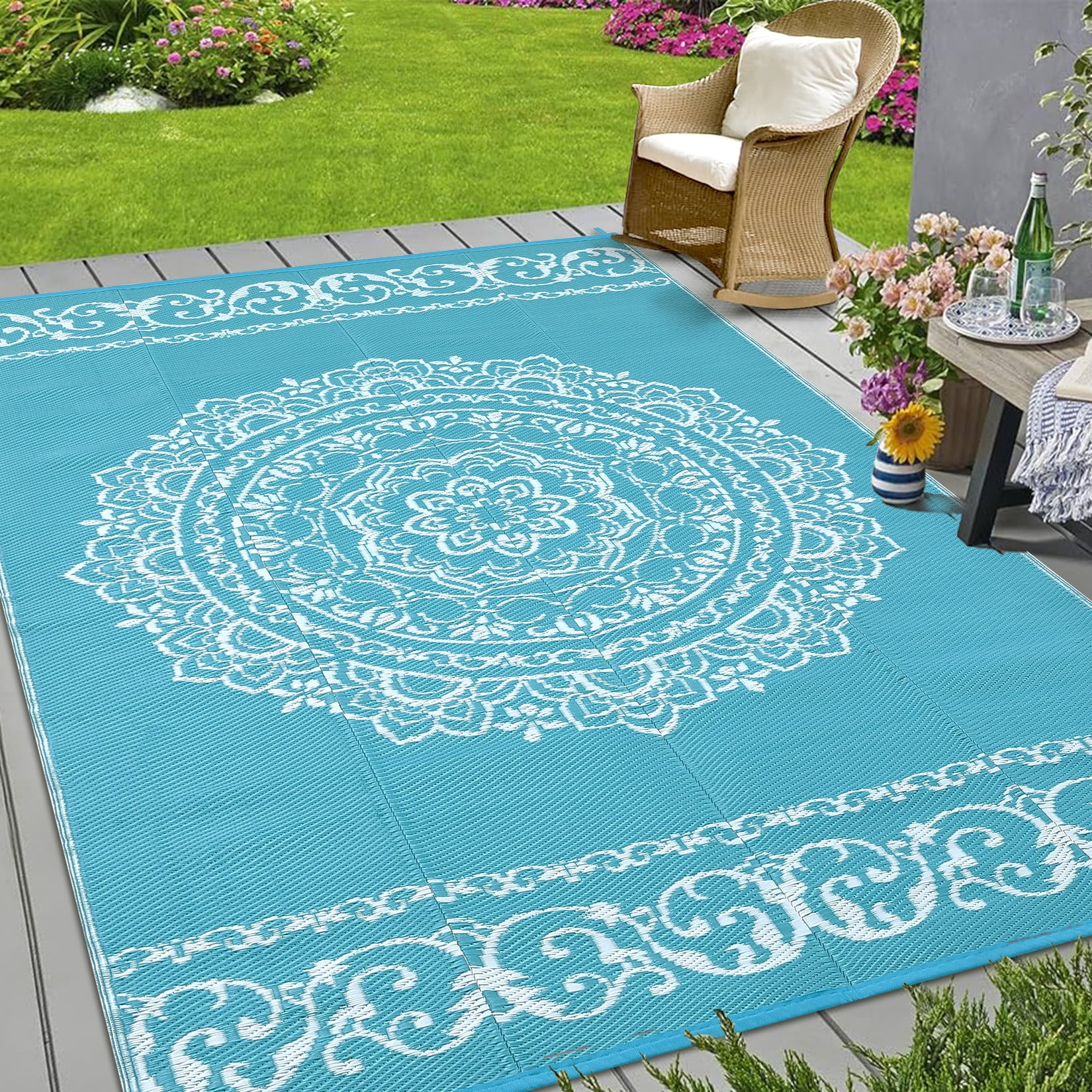 Gavee 9'x18' Boho Outdoor Rug, Waterproof Reversible Patio Area Rug Indoor Outdoor Carpet, Plastic Straw Rug RV Outdoor Mat for Camping Deck Balcony, Porch, Picnic, Light Blue and White