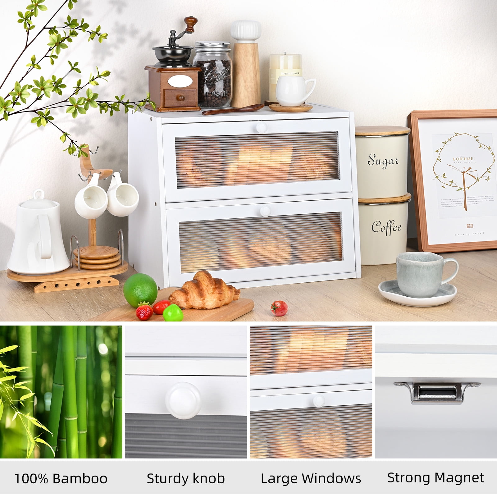 Bamboo Bread Box for Kitchen Countertop, Double Layer Bread Container, Bread Storage with Acrylic Wavy Door Panel, White