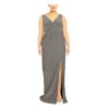 ADRIANNA PAPELL Womens Silver Stretch Metallic Zippered Pleated Slitted Sleeveless Surplice Neckline Full-Length Evening Gown Dress Plus 22W