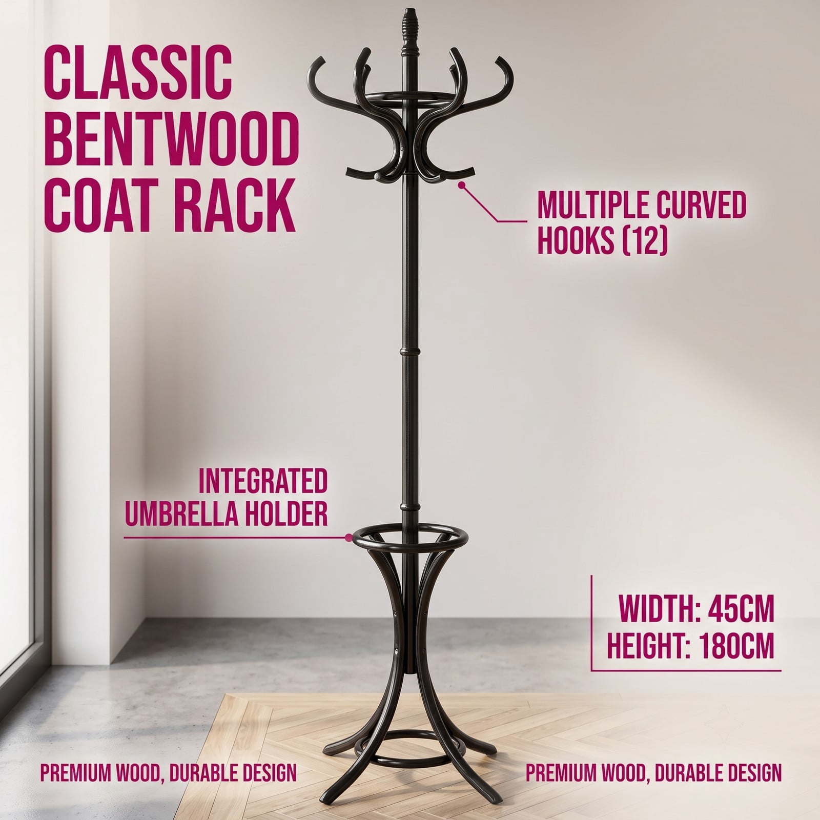 Furnibear Freestanding Wood Coat and Hat Rack Stand with Umbrella Stand Rotating Top and 12 Hooks for Entryway and Hallway, Black