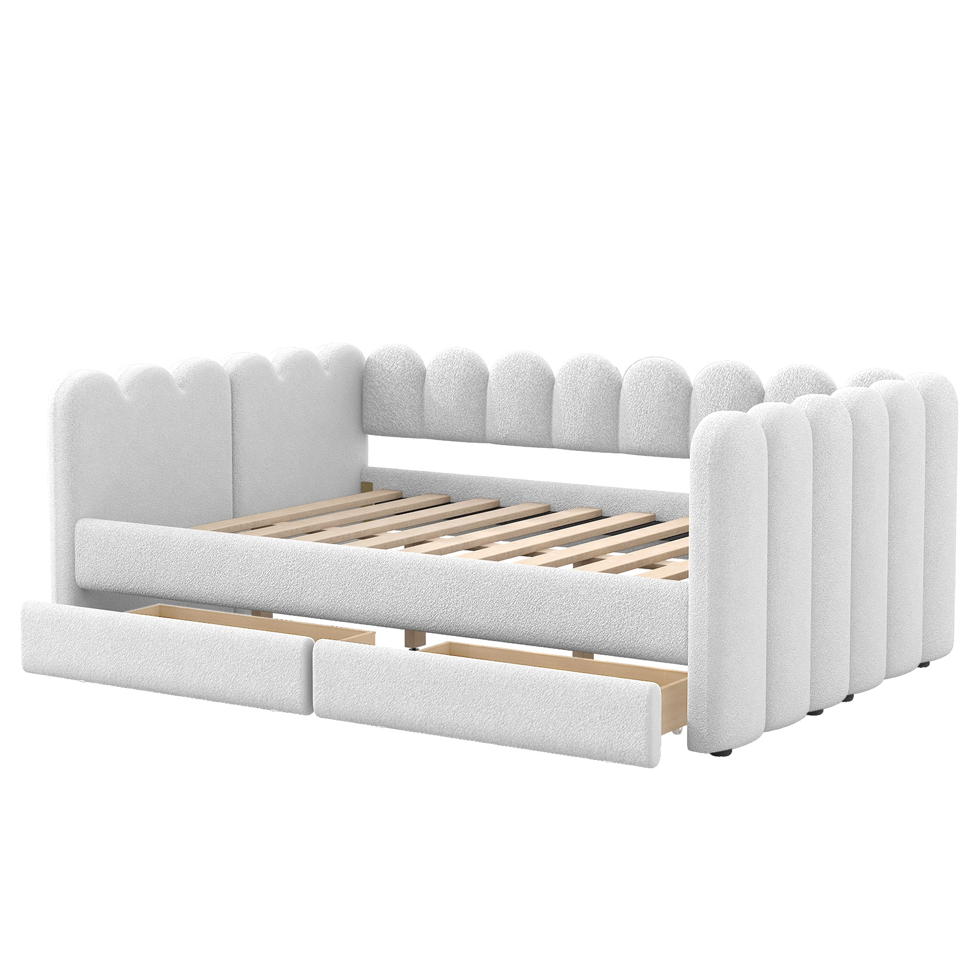 EUROCO Queen Upholstered Daybed with 2 Storage Drawers, Solid Wood Frame, Easy Assembly, Space-Saving Design, White