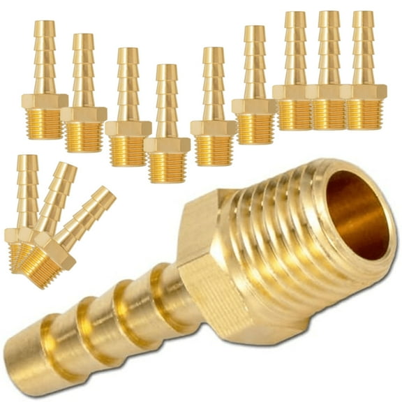 12-Pack 1/4'' Air Hose Fittings, Brass Hose Barb Fittings, 1/4 Inch NPT Male Pipe to 1/4'' Barb End Aadapter, Brass 1/4'' Air Line Repair Kit for Compressor, Gas, Auto Shop